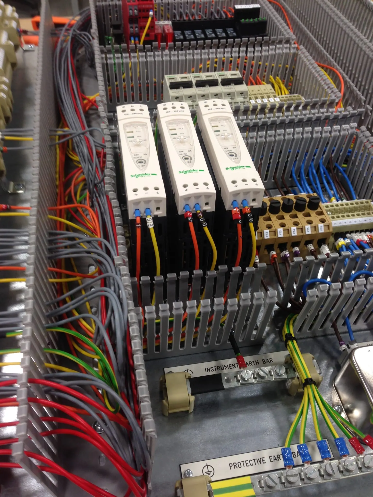 Power supplies and earth bars inside a control panel