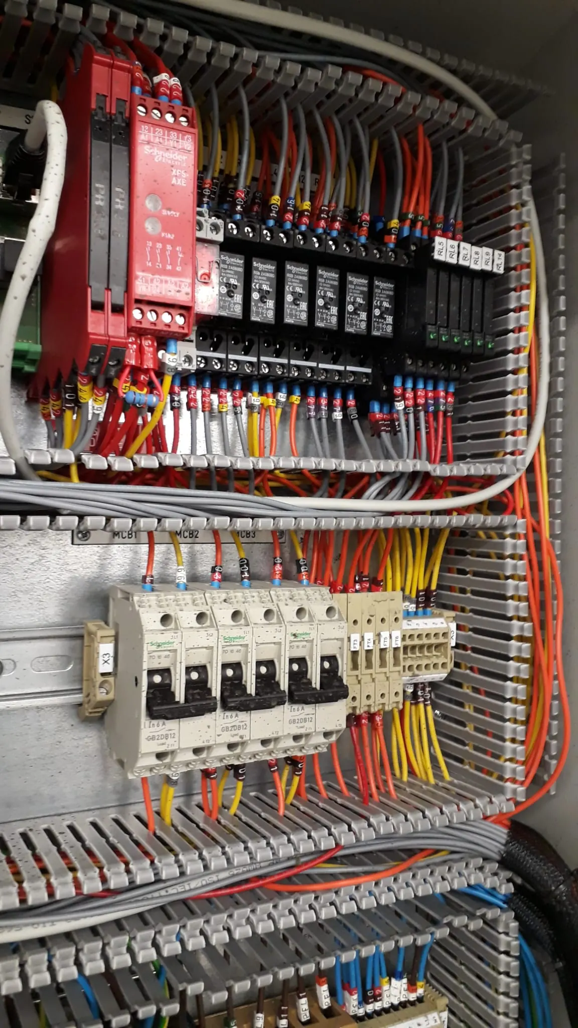 Panel wiring with safety relays and colour-coded cable