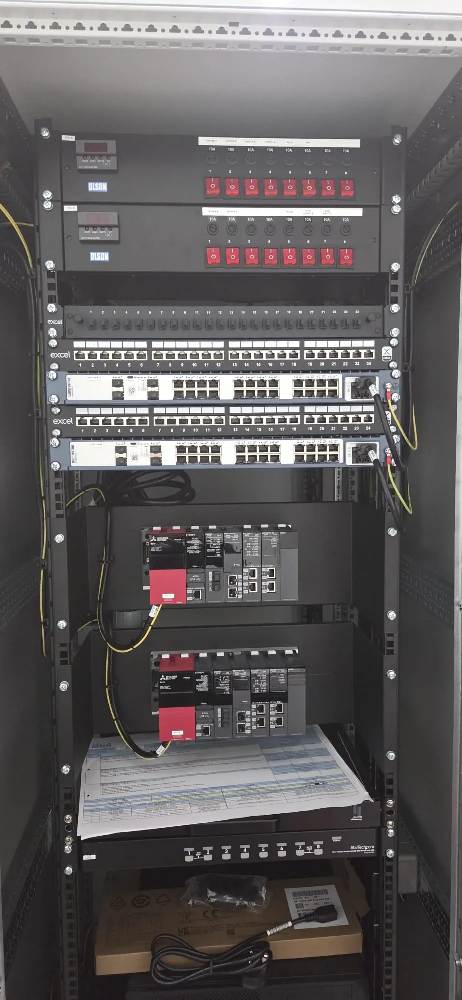 Equipment rack with PLCs, patch panels and switches