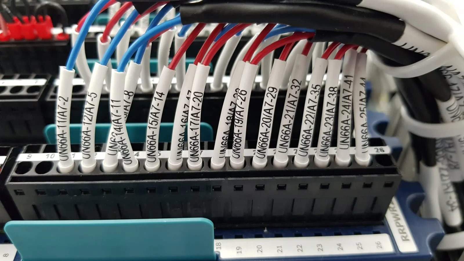 Sleeved and labelled wires on a terminal module